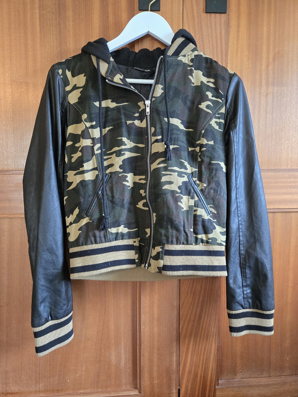 Wet Seal Camouflage Hooded Jacket with Black Faux Leather Sleeves